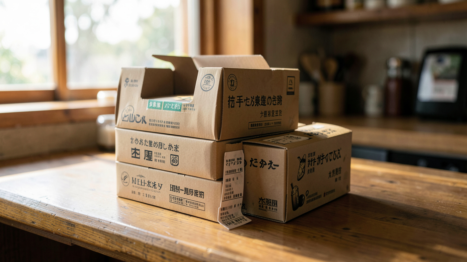 複数の食材宅配サービスのお試しセットの箱が台所に積まれている様子
